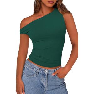 imagePRETTYGARDEN Womens Off Shoulder Tops 2025 Summer Trendy Casual Crop Top Cute Fitted Going Out Tshirts ShirtsDark Green