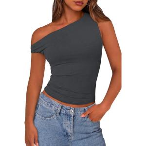 imagePRETTYGARDEN Womens Off Shoulder Tops 2025 Summer Trendy Casual Crop Top Cute Fitted Going Out Tshirts ShirtsDark Grey