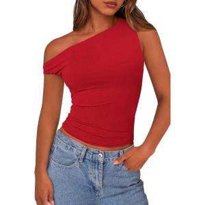 imagePRETTYGARDEN Womens Off Shoulder Tops 2025 Summer Trendy Casual Crop Top Cute Fitted Going Out Tshirts ShirtsRed