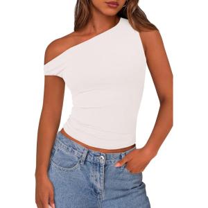imagePRETTYGARDEN Womens Off Shoulder Tops 2025 Summer Trendy Casual Crop Top Cute Fitted Going Out Tshirts ShirtsWhite