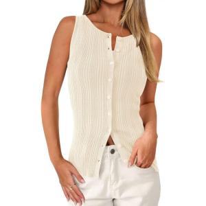 imagePRETTYGARDEN Womens Ribbed Tank Top Summer 2025 Open Front Button Down Sleeveless Shirts Fashion Clothing Going Out Vest TopsApricot