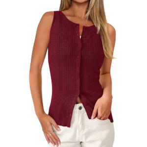imagePRETTYGARDEN Womens Ribbed Tank Top Summer 2025 Open Front Button Down Sleeveless Shirts Fashion Clothing Going Out Vest TopsWine Red