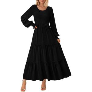 imagePRETTYGARDEN Womens Smocked Maxi Dress 2025 Fall Casual Long Sleeve Swiss Dot Ruffle Long Flowy Wedding Guest DressesBlack