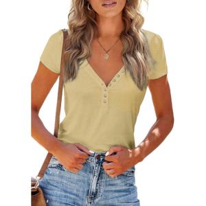 imagePRETTYGARDEN Womens Summer Casual Henley TShirts Short Sleeve V Neck Button Up Ribbed Knit Slim Fit Basic TopsYellow