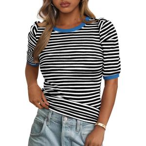 imagePRETTYGARDEN Womens Summer Puff Sleeve Tops Casual Ribbed Knit Crop Top Color Block Trendy Crewneck Striped ShirtsBlack