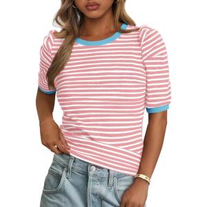 imagePRETTYGARDEN Womens Summer Puff Sleeve Tops Casual Ribbed Knit Crop Top Color Block Trendy Crewneck Striped ShirtsPink