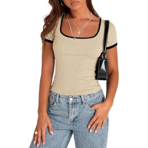 imagePRETTYGARDEN Womens Summer Short Sleeve T Shirts Ribbed Knit Square Neck Color Block Slim Fit Basic Casual Crop Tops BlousesBeige