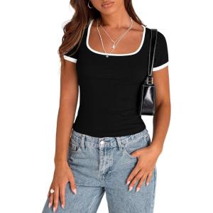 imagePRETTYGARDEN Womens Summer Short Sleeve T Shirts Ribbed Knit Square Neck Color Block Slim Fit Basic Casual Crop Tops BlousesBlack
