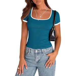 imagePRETTYGARDEN Womens Summer Short Sleeve T Shirts Ribbed Knit Square Neck Color Block Slim Fit Basic Casual Crop Tops BlousesDark Blue