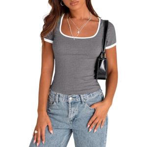imagePRETTYGARDEN Womens Summer Short Sleeve T Shirts Ribbed Knit Square Neck Color Block Slim Fit Basic Casual Crop Tops BlousesGrey