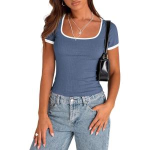 imagePRETTYGARDEN Womens Summer Short Sleeve T Shirts Ribbed Knit Square Neck Color Block Slim Fit Basic Casual Crop Tops BlousesGrey Blue