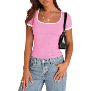 imagePRETTYGARDEN Womens Summer Short Sleeve T Shirts Ribbed Knit Square Neck Color Block Slim Fit Basic Casual Crop Tops BlousesLight Pink