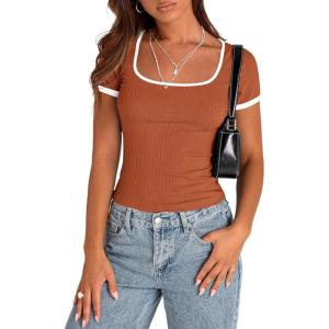 imagePRETTYGARDEN Womens Summer Short Sleeve T Shirts Ribbed Knit Square Neck Color Block Slim Fit Basic Casual Crop Tops BlousesRust Red