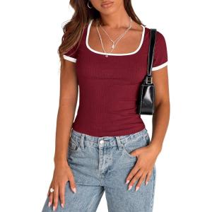 imagePRETTYGARDEN Womens Summer Short Sleeve T Shirts Ribbed Knit Square Neck Color Block Slim Fit Basic Casual Crop Tops BlousesWine Red