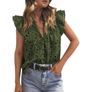 imagePRETTYGARDEN Womens Summer Tops 2025 Dressy Casual Ruffle Cap Sleeve Button V Neck Embroidered Eyelet Blouses ShirtsArmy Green