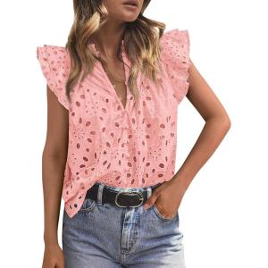 imagePRETTYGARDEN Womens Summer Tops 2025 Dressy Casual Ruffle Cap Sleeve Button V Neck Embroidered Eyelet Blouses ShirtsPink