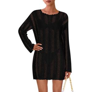 imagePRETTYGARDEN Womens Swimsuit Cover Up 2025 Summer Bathing Suit Swimwear Crochet Knit Dress Fashion Beach Vacation ClothesBlack