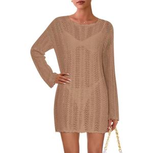imagePRETTYGARDEN Womens Swimsuit Cover Up 2025 Summer Bathing Suit Swimwear Crochet Knit Dress Fashion Beach Vacation ClothesDark Khaki