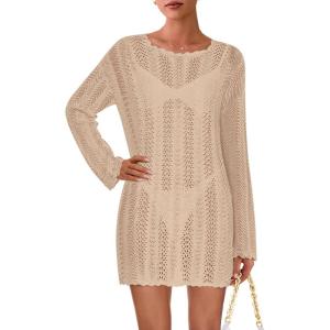 imagePRETTYGARDEN Womens Swimsuit Cover Up 2025 Summer Bathing Suit Swimwear Crochet Knit Dress Fashion Beach Vacation ClothesLight Khaki