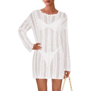 imagePRETTYGARDEN Womens Swimsuit Cover Up 2025 Summer Bathing Suit Swimwear Crochet Knit Dress Fashion Beach Vacation ClothesWhite
