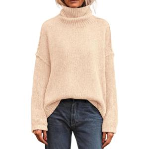 imagePRETTYGARDEN Womens Turtleneck Long Sleeve Sweater 2025 Fall Trendy Loose Fit Knit Tops Oversized Pullover SweatersApricot