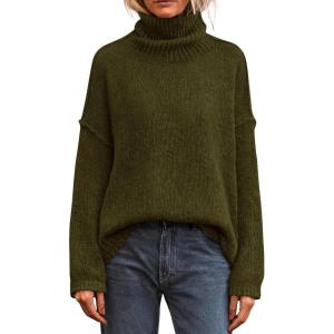 imagePRETTYGARDEN Womens Turtleneck Long Sleeve Sweater 2025 Fall Trendy Loose Fit Knit Tops Oversized Pullover SweatersArmy Green