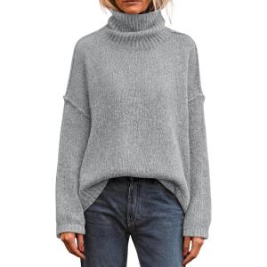 imagePRETTYGARDEN Womens Turtleneck Long Sleeve Sweater 2025 Fall Trendy Loose Fit Knit Tops Oversized Pullover SweatersLight Grey