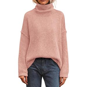 imagePRETTYGARDEN Womens Turtleneck Long Sleeve Sweater 2025 Fall Trendy Loose Fit Knit Tops Oversized Pullover SweatersPink