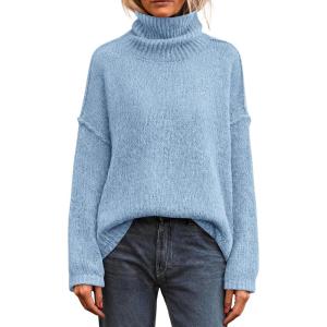 imagePRETTYGARDEN Womens Turtleneck Long Sleeve Sweater 2025 Fall Trendy Loose Fit Knit Tops Oversized Pullover SweatersSky Blue