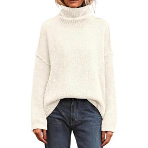 imagePRETTYGARDEN Womens Turtleneck Long Sleeve Sweater 2025 Fall Trendy Loose Fit Knit Tops Oversized Pullover SweatersWhite