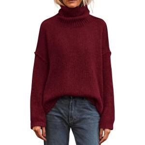 imagePRETTYGARDEN Womens Turtleneck Long Sleeve Sweater 2025 Fall Trendy Loose Fit Knit Tops Oversized Pullover SweatersWine Red