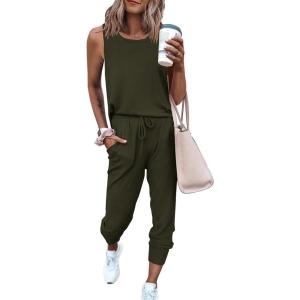 imagePRETTYGARDEN Womens Two Piece Outfit Sets Summer Casual Sleeveless Crewneck Tops Matching Travel Tracksuit Lounge WearArmy Green