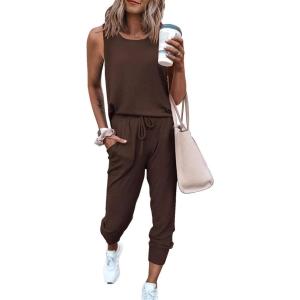 imagePRETTYGARDEN Womens Two Piece Outfit Sets Summer Casual Sleeveless Crewneck Tops Matching Travel Tracksuit Lounge WearBrown
