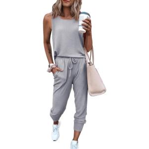 imagePRETTYGARDEN Womens Two Piece Outfit Sets Summer Casual Sleeveless Crewneck Tops Matching Travel Tracksuit Lounge WearLight Grey