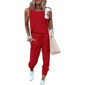 imagePRETTYGARDEN Womens Two Piece Outfit Sets Summer Casual Sleeveless Crewneck Tops Matching Travel Tracksuit Lounge WearRed