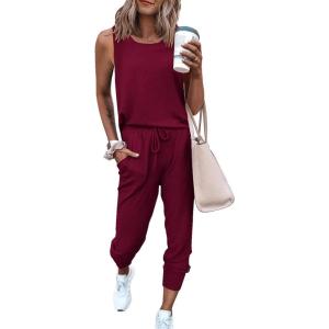 imagePRETTYGARDEN Womens Two Piece Outfit Sets Summer Casual Sleeveless Crewneck Tops Matching Travel Tracksuit Lounge WearWine Red