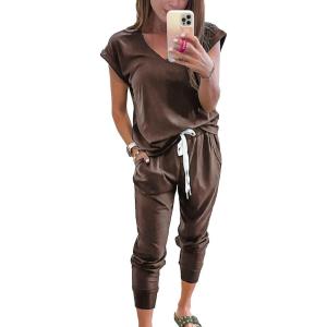 imagePRETTYGARDEN Womens Two Piece Tracksuit Casual Summer V Neck Short Sleeve Tops Drawstring Jogger Pants Lounge Outfit SetsBrown