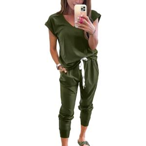 imagePRETTYGARDEN Womens Two Piece Tracksuit Casual Summer V Neck Short Sleeve Tops Drawstring Jogger Pants Lounge Outfit SetsDark Army Green