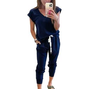 imagePRETTYGARDEN Womens Two Piece Tracksuit Casual Summer V Neck Short Sleeve Tops Drawstring Jogger Pants Lounge Outfit SetsDark Blue