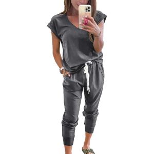 imagePRETTYGARDEN Womens Two Piece Tracksuit Casual Summer V Neck Short Sleeve Tops Drawstring Jogger Pants Lounge Outfit SetsDark Grey