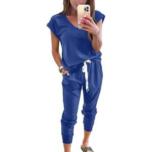 imagePRETTYGARDEN Womens Two Piece Tracksuit Casual Summer V Neck Short Sleeve Tops Drawstring Jogger Pants Lounge Outfit SetsDenim Blue