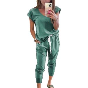 imagePRETTYGARDEN Womens Two Piece Tracksuit Casual Summer V Neck Short Sleeve Tops Drawstring Jogger Pants Lounge Outfit SetsGrey Green