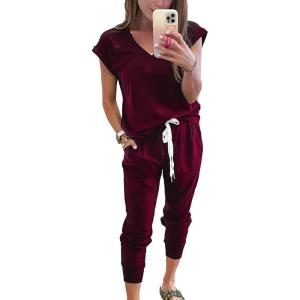 imagePRETTYGARDEN Womens Two Piece Tracksuit Casual Summer V Neck Short Sleeve Tops Drawstring Jogger Pants Lounge Outfit SetsJujube Red