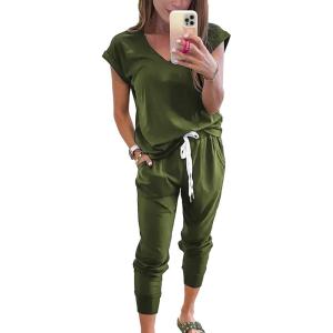 imagePRETTYGARDEN Womens Two Piece Tracksuit Casual Summer V Neck Short Sleeve Tops Drawstring Jogger Pants Lounge Outfit SetsLight Army Green