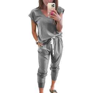imagePRETTYGARDEN Womens Two Piece Tracksuit Casual Summer V Neck Short Sleeve Tops Drawstring Jogger Pants Lounge Outfit SetsLight Grey