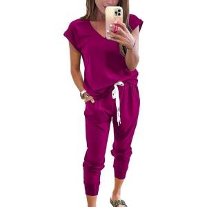 imagePRETTYGARDEN Womens Two Piece Tracksuit Casual Summer V Neck Short Sleeve Tops Drawstring Jogger Pants Lounge Outfit SetsPurple