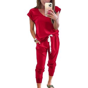imagePRETTYGARDEN Womens Two Piece Tracksuit Casual Summer V Neck Short Sleeve Tops Drawstring Jogger Pants Lounge Outfit SetsRed