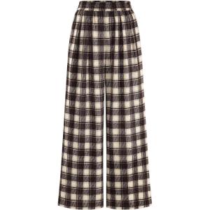 imagePRETTYGARDEN Casual Womens Pants 2025 Elastic Waist Palazzo Long Pajama Wide Leg Trousers Knit Fall Outfits with Pockets Plaid BrownLarge