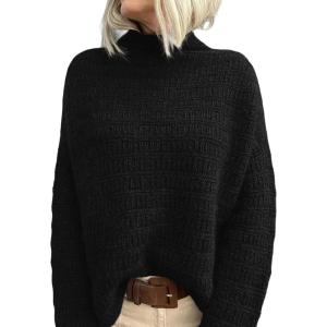 imagePRETTYGARDEN Womens Mock Neck Oversized Sweaters 2025 Long Sleeve Pullover Fall Sweater Knit Jumper Tops Winter ClothingBlack