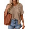 imagePRETTYGARDEN Womens 2026 Spring Short Sleeve Sweaters Lightweight V Neck Casual Going Out Summer Tops Beach Vacation ClothesKhaki